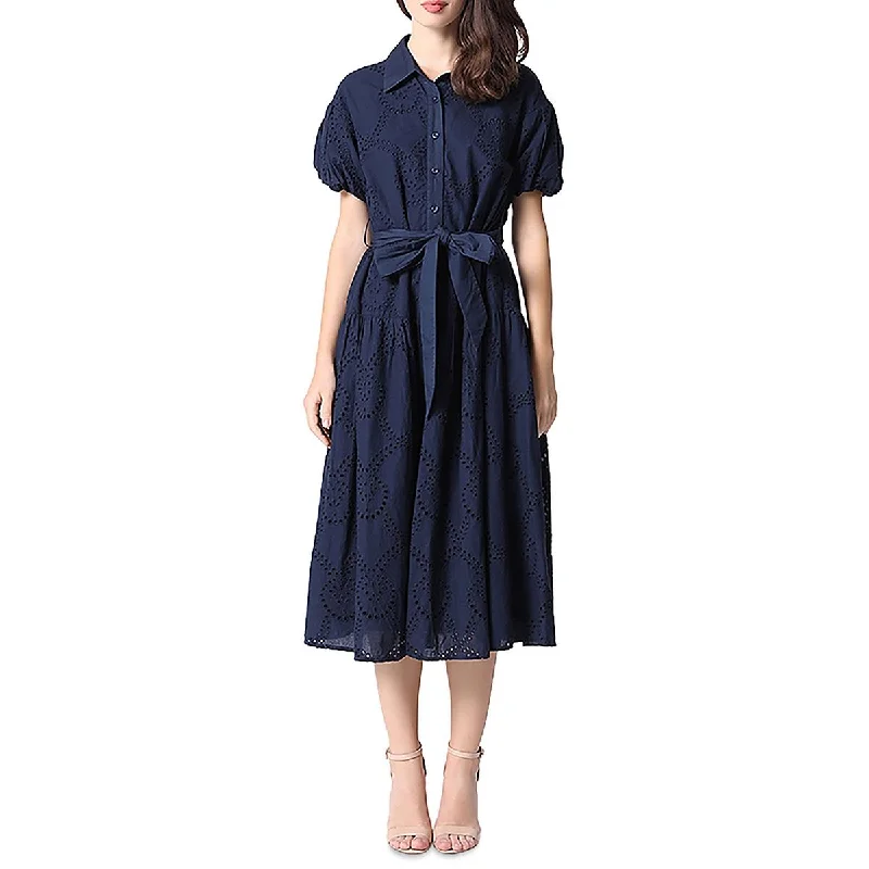 Gracia Womens Eyelet Button Up Midi Dress