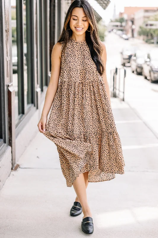 Always Bold Taupe Brown Spotted Midi Dress