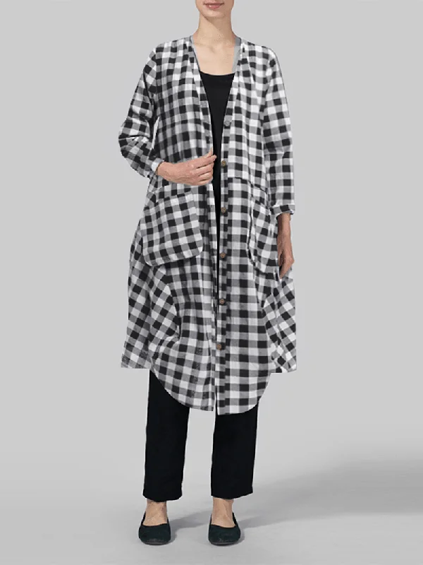 Women Casual Loose Plaid Long Sleeve Button Pockets Dress