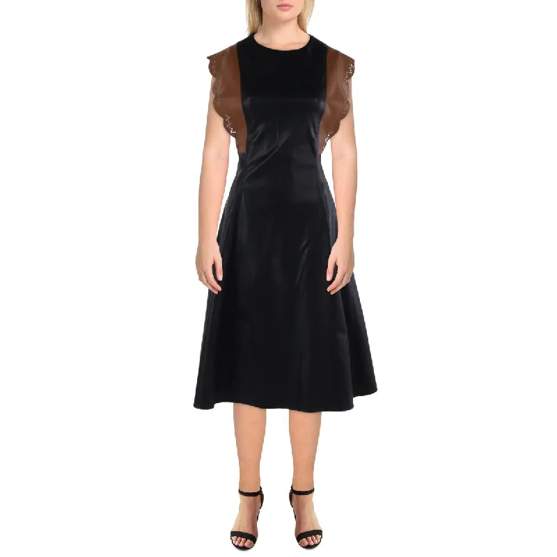 Gracia Womens Faux Leather Colorblock Midi Dress