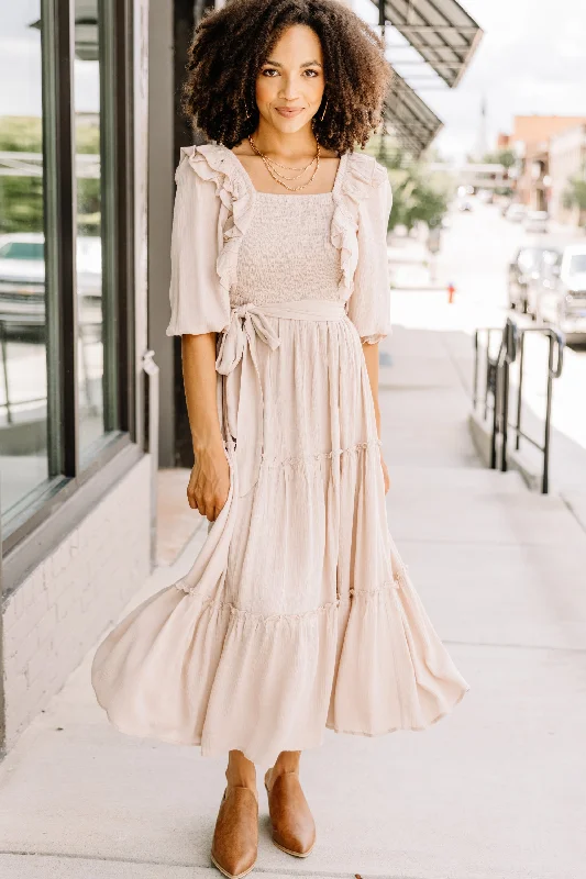 Feel Your Love Sand Brown Ruffled Midi Dress