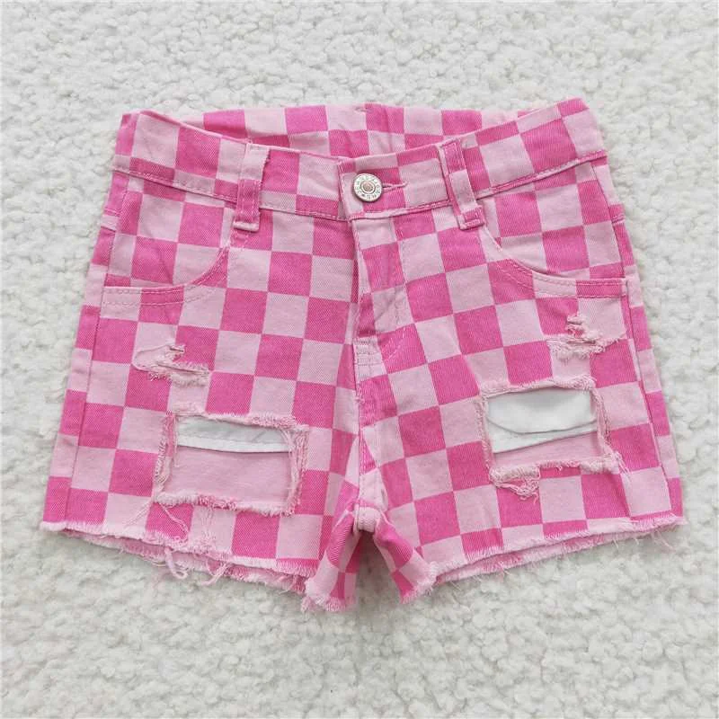 SS0092 Pink plaid jeans baby girls summer denim shorts