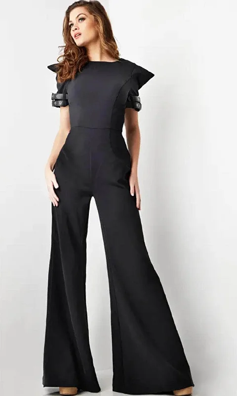 Jovani 36692 - Belt-Like Detailed Short Sleeve Jumpsuit