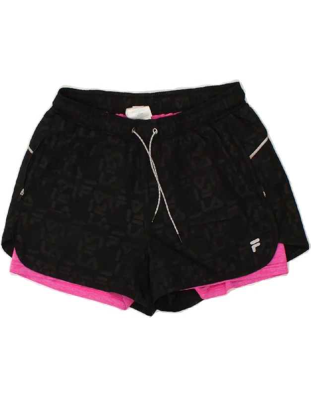 FILA Womens Graphic Sport Shorts UK 12 Medium Black Colourblock Polyester