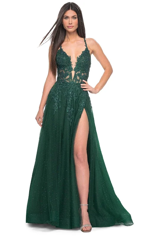 La Femme 32147 - Lace Applique Prom Dress with Slit