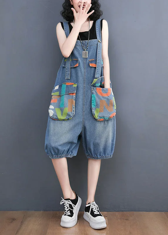 Bohemian Light Blue Slash Neck Print Button Denim Jumpsuit Summer