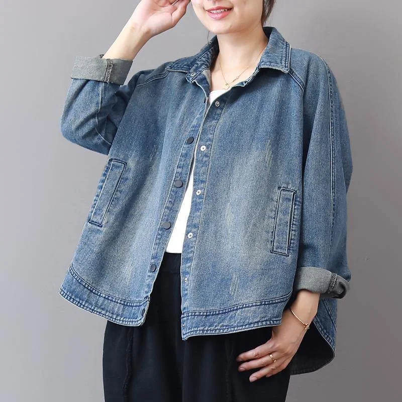 2024 autumn new casual denim blue cotton short coats plus size lapel collar wild tops coat