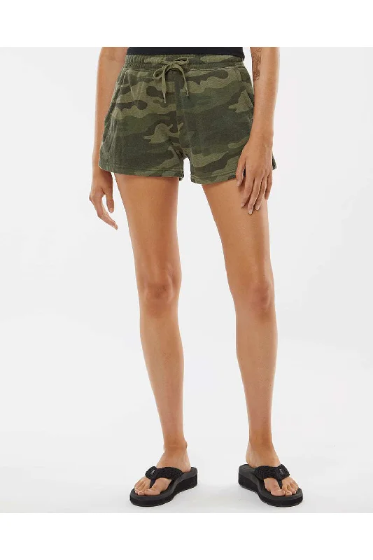 Independent Trading Co. Womens California Wave Wash Fleece Shorts w/ Pockets - Heather Forest Green Camo