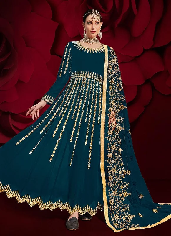 Teal Blue Color Georgette Material Mirror Work Pakistani Salwar Suit