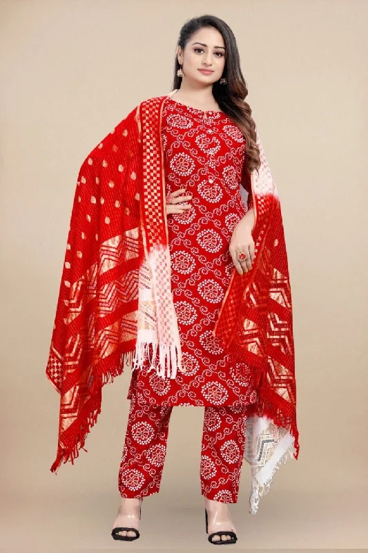 Red Bandhani Printed Rayon Straight Cut Suit