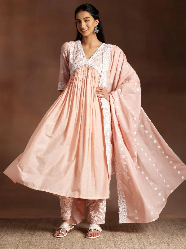 Peach Embroidered Cotton A-Line Kurta With Palazzos & Dupatta