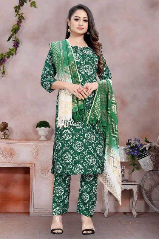 Dark Green Bandhani Printed Rayon Straight Cut Suit