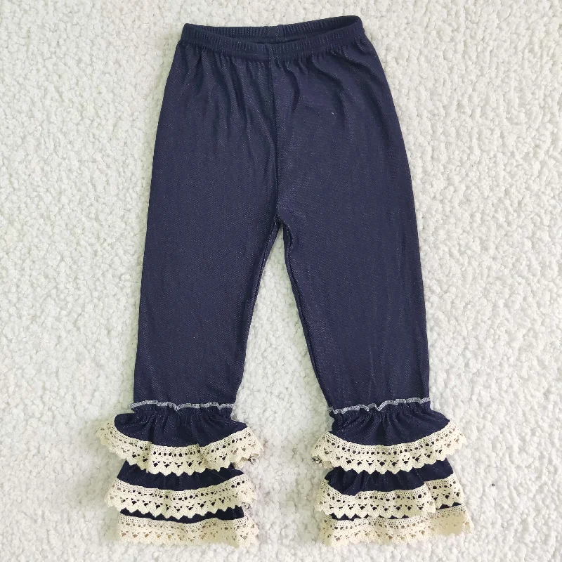 girl dark blue elastic waist ruffles pants fashion children soft denim pants with lace