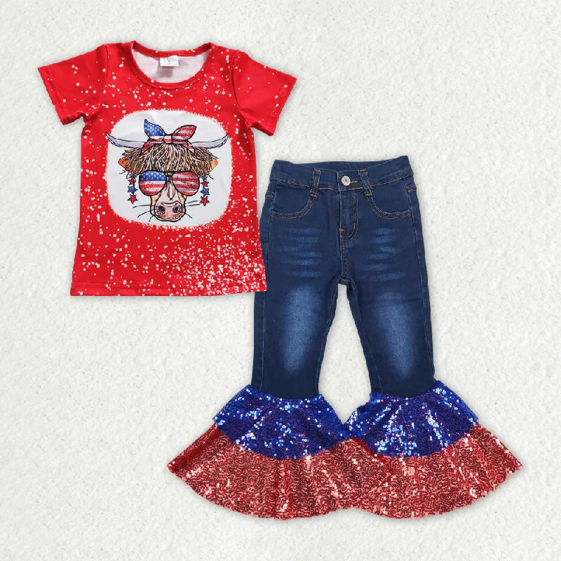 GSPO1621 4th of July Cow Sequins Jean Pants Denim Pants Set