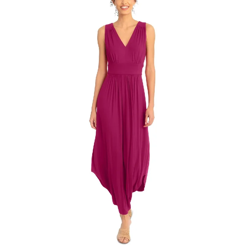 London Times Womens V-Neck Shirred Maxi Dress