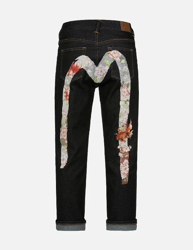 Embroidery Goldfish and Floral Flow Brushstroke Daicock Print Boyfriend Jeans