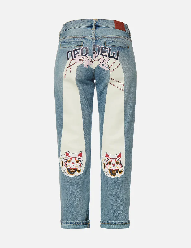 Fortune Cat Daicock Print Boyfriend Jeans