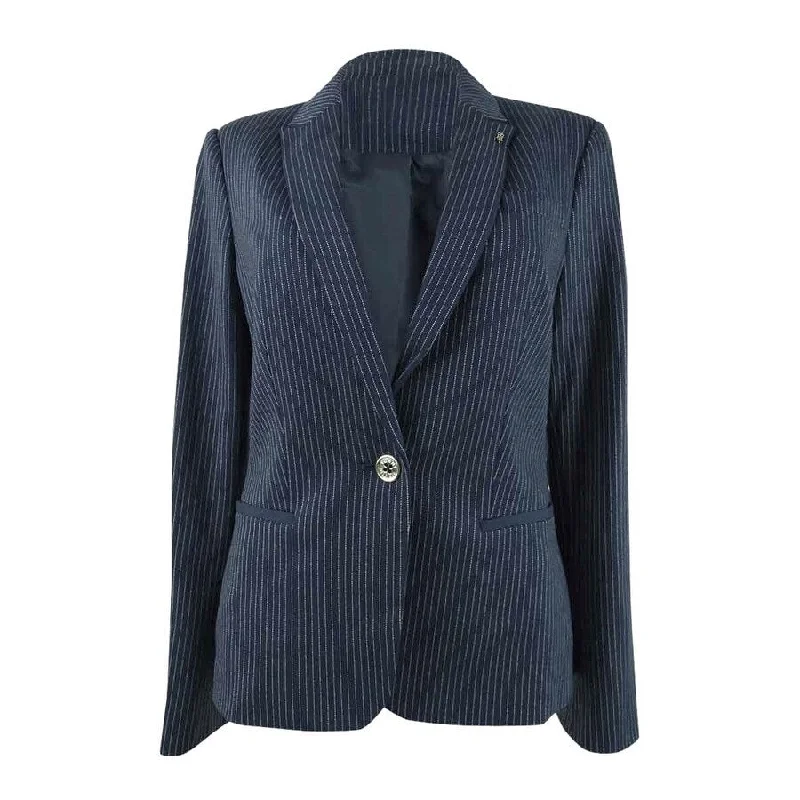 Tommy Hilfiger Women's Pinstriped One-Button Blazer (8, Midnight Ivory)