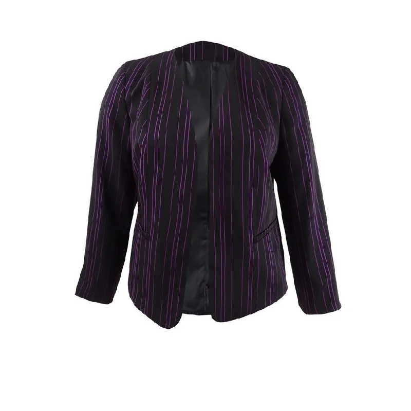 Bar III Women's Striped Open-Front Jacket (L, Black/Begonia)