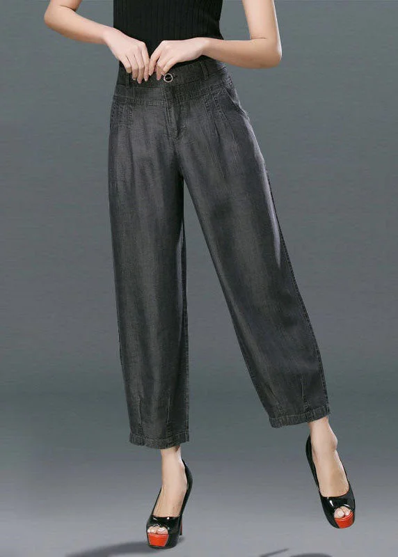 Black Pockets Cotton Denim Harem Pants High Waist Button Summer