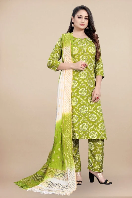 Lime Green Bandhani Printed Rayon Straight Cut Suit