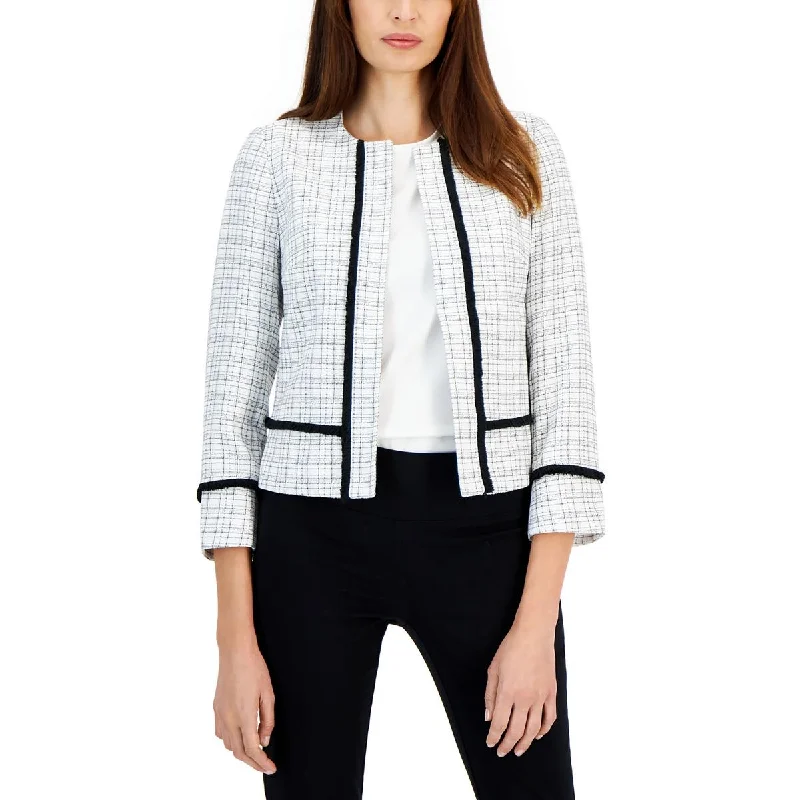 Kasper Womens Petites Plaid Collarless Open-Front Blazer