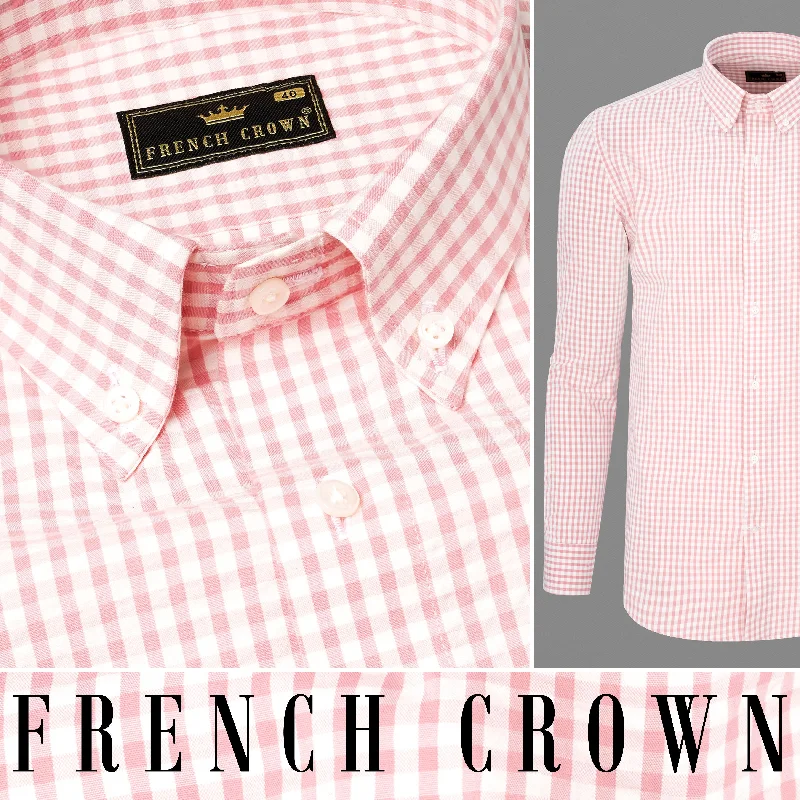 Cherry Blossom Pink and White Gingham Checkered Seersucker Shirt