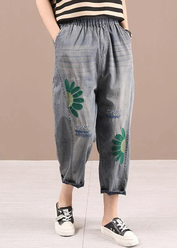 Organic Blue Embroideried Summer Regular Denim Pants