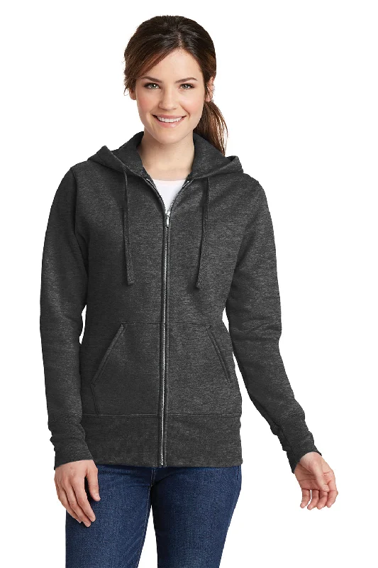 Port & Company Womens Core Pill Resistant Fleece Full Zip Hooded Sweatshirt Hoodie w/ Pockets - Heather Dark Grey