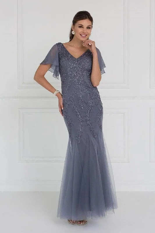 Elizabeth K GL1576 - Foliage Appliqued Sheer Sleeve Formal Gown