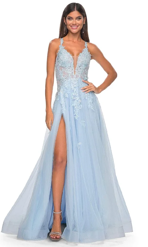 La Femme 32438 - Lace Applique Deep V-Neck Prom Gown