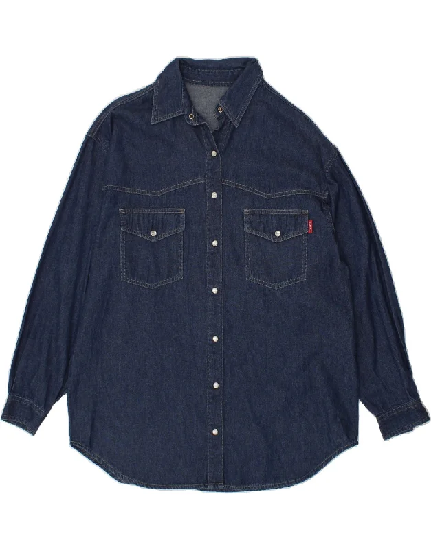 VINTAGE Womens Denim Shirt UK 16 Large Navy Blue Cotton