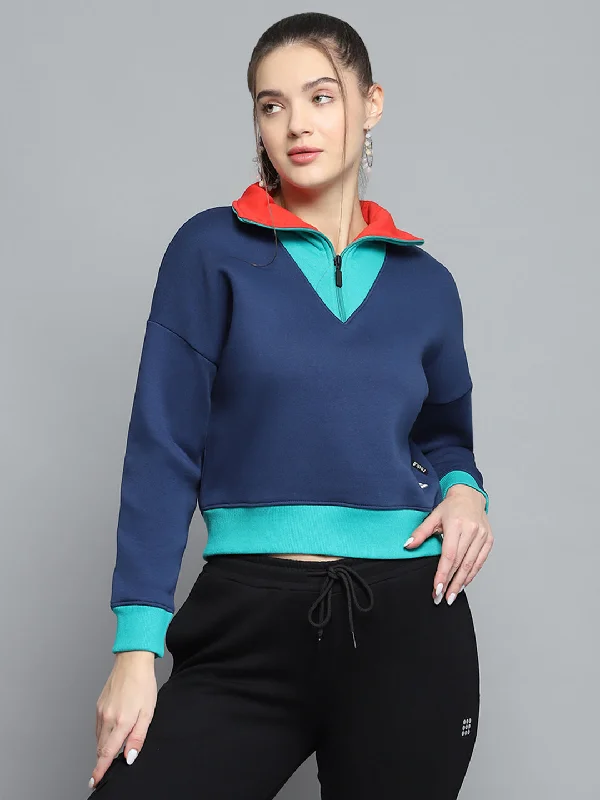 Women Blue Solid Collar Full Sleeve Sweatshirt