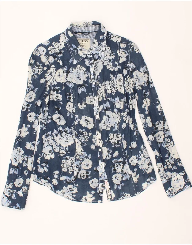 GUESS Womens Shirt UK 14 Large Navy Blue Floral Cotton