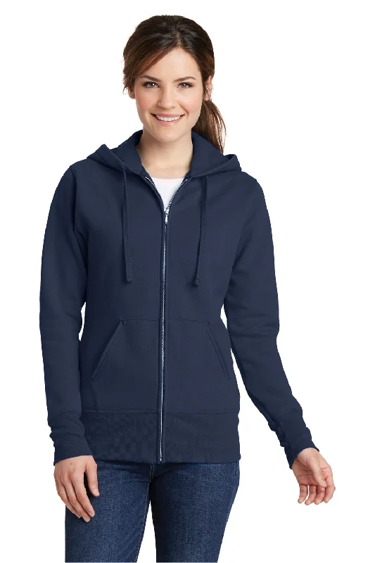 Port & Company Womens Core Pill Resistant Fleece Full Zip Hooded Sweatshirt Hoodie w/ Pockets - Navy Blue