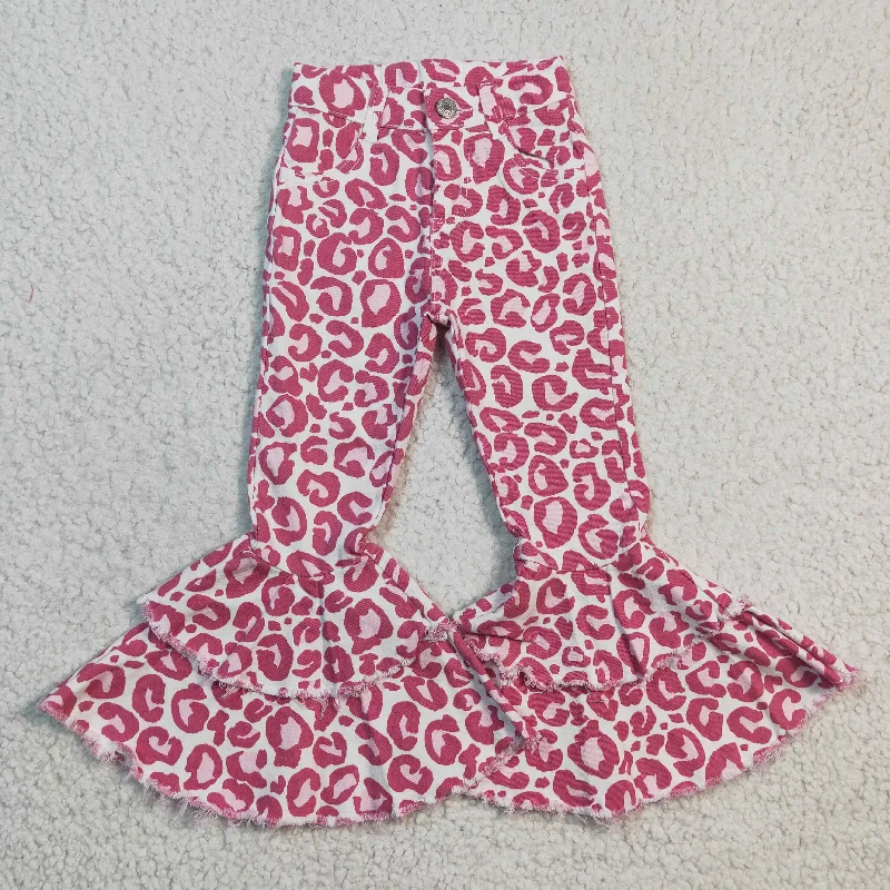 P0044 baby girls pink print double ruffles jeans with zipper