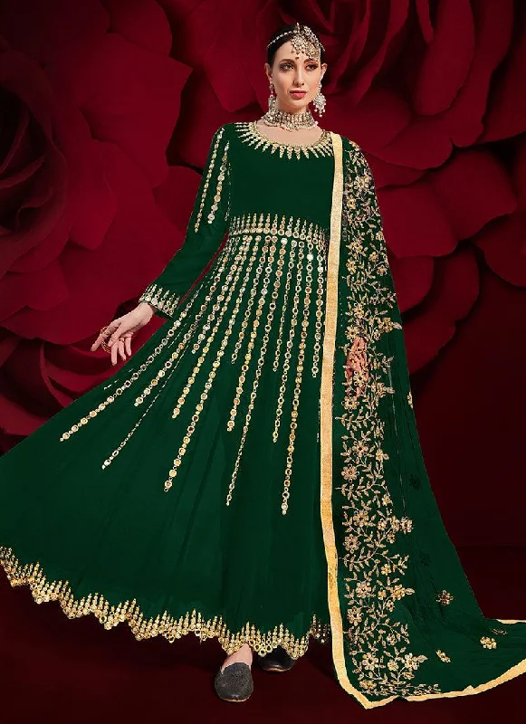 Dark Green Color Georgette Fabric Mirror Work Pakistani Salwar Suit