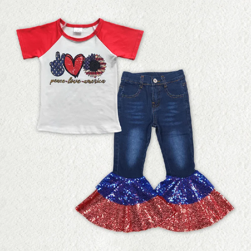 GSPO1622 Baby Girls Peace Love America Shirt Top Sequin Denim Jeans Pants Clothes Sets