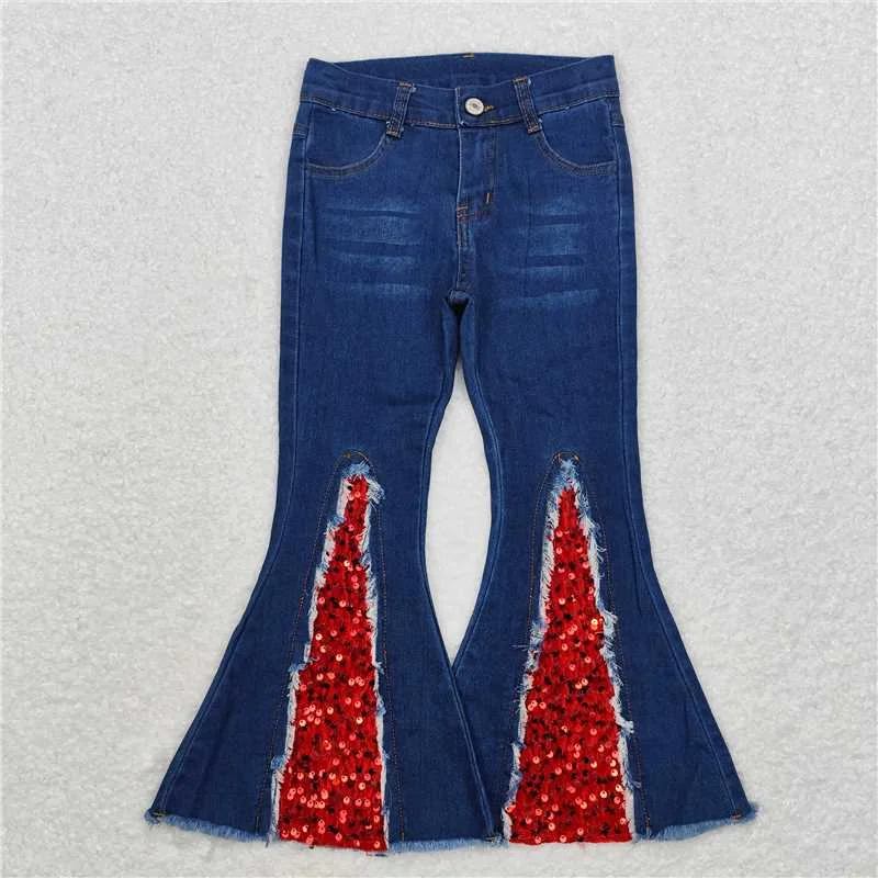 P0532 Baby Girls Red Sequin Holiday Bell Flare Denim Pants