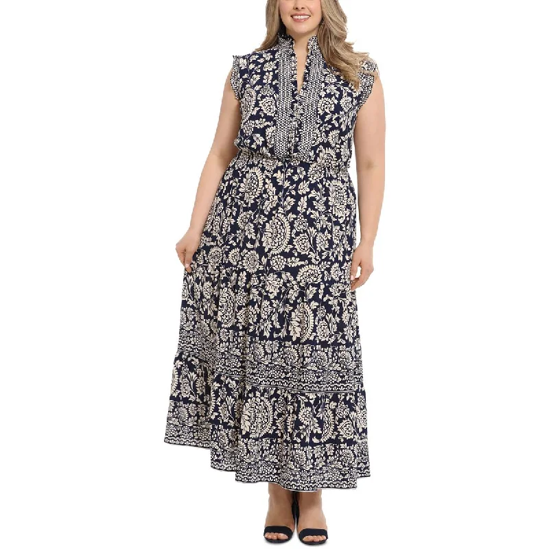 London Times Womens Plus Floral Print Pleated Maxi Dress