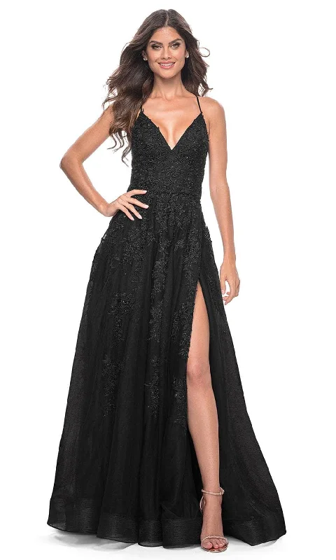 La Femme 32303 - V-Neck Embroidered Tulle Prom Gown