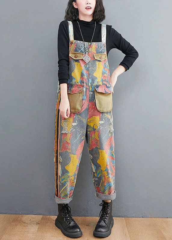 Style Yellow Print Patch Denim Spaghetti Strap Jumpsuit Spring