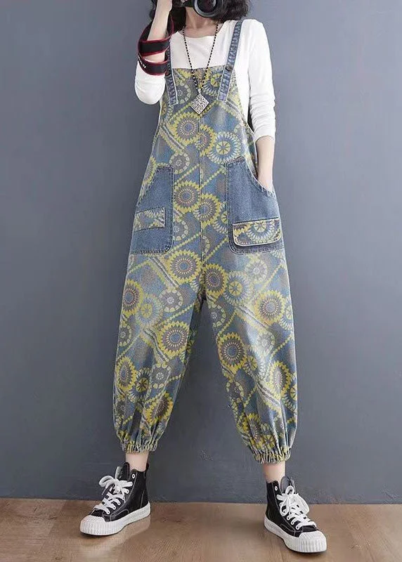 Handmade Yellow Print Denim Spaghetti Strap Jumpsuits Spring