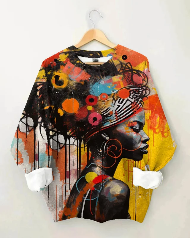 Black Headscarf Mom Color Oil Painting Long Sleeve Sweatshirt