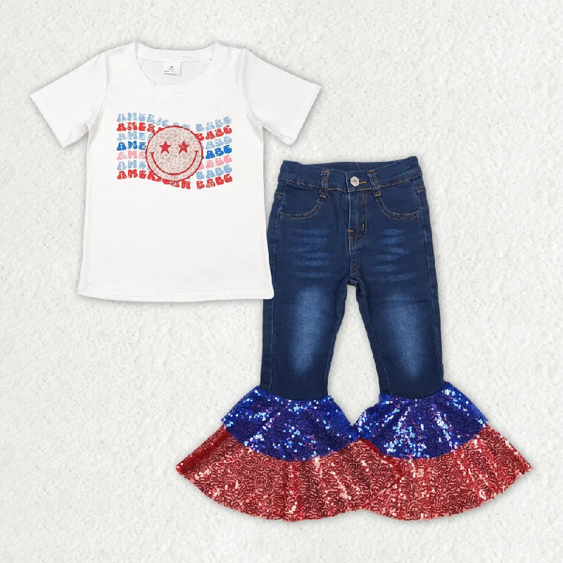 GSPO1623  America Shirt Top Sequin Denim Jeans Pants Clothes Sets