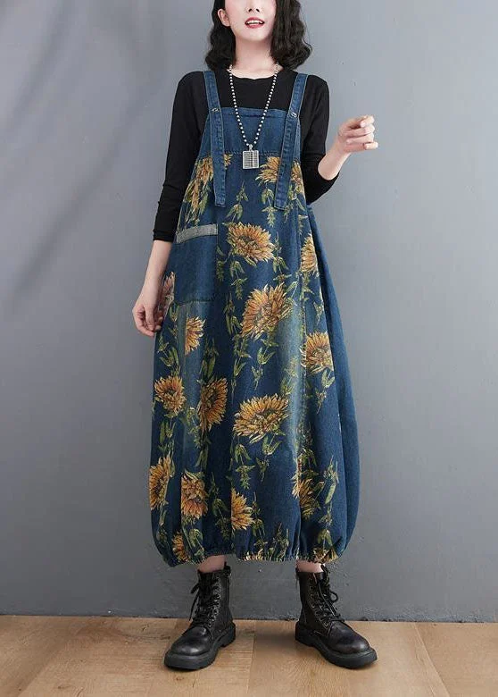 French Blue Print Denim Spaghetti Strap Dresses Spring