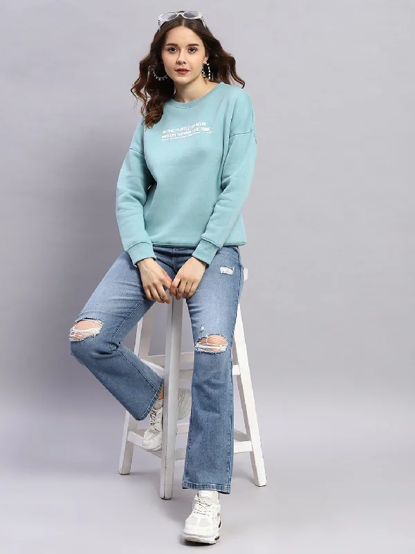 Women Blue Printed Round Neck Full Sleeve Sweatshirt