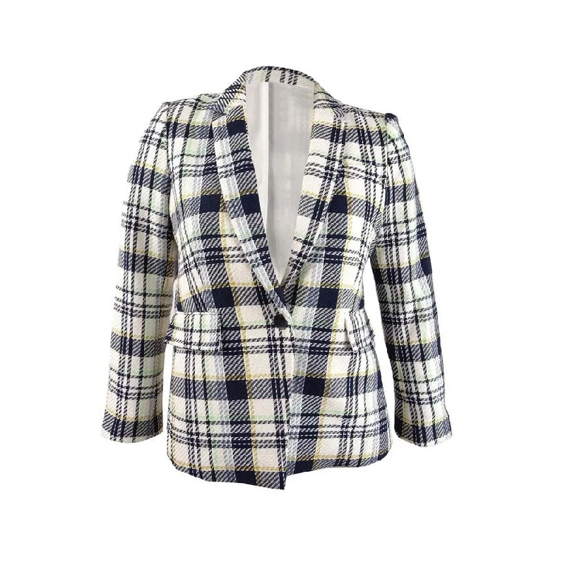 Vince Camuto Women’s Cotton Plaid-Print Single-Button Blazer (14, Pearl Ivory)