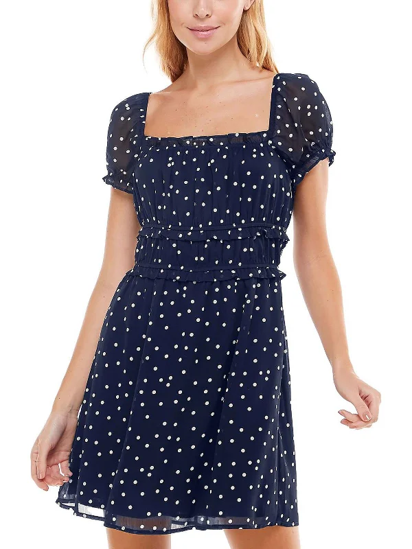 Juniors Womens Chiffon Polka Dot Shift Dress