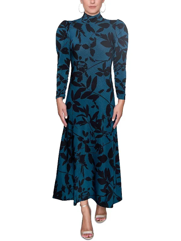 Womens Printed Puff Sleeves Midi Dress